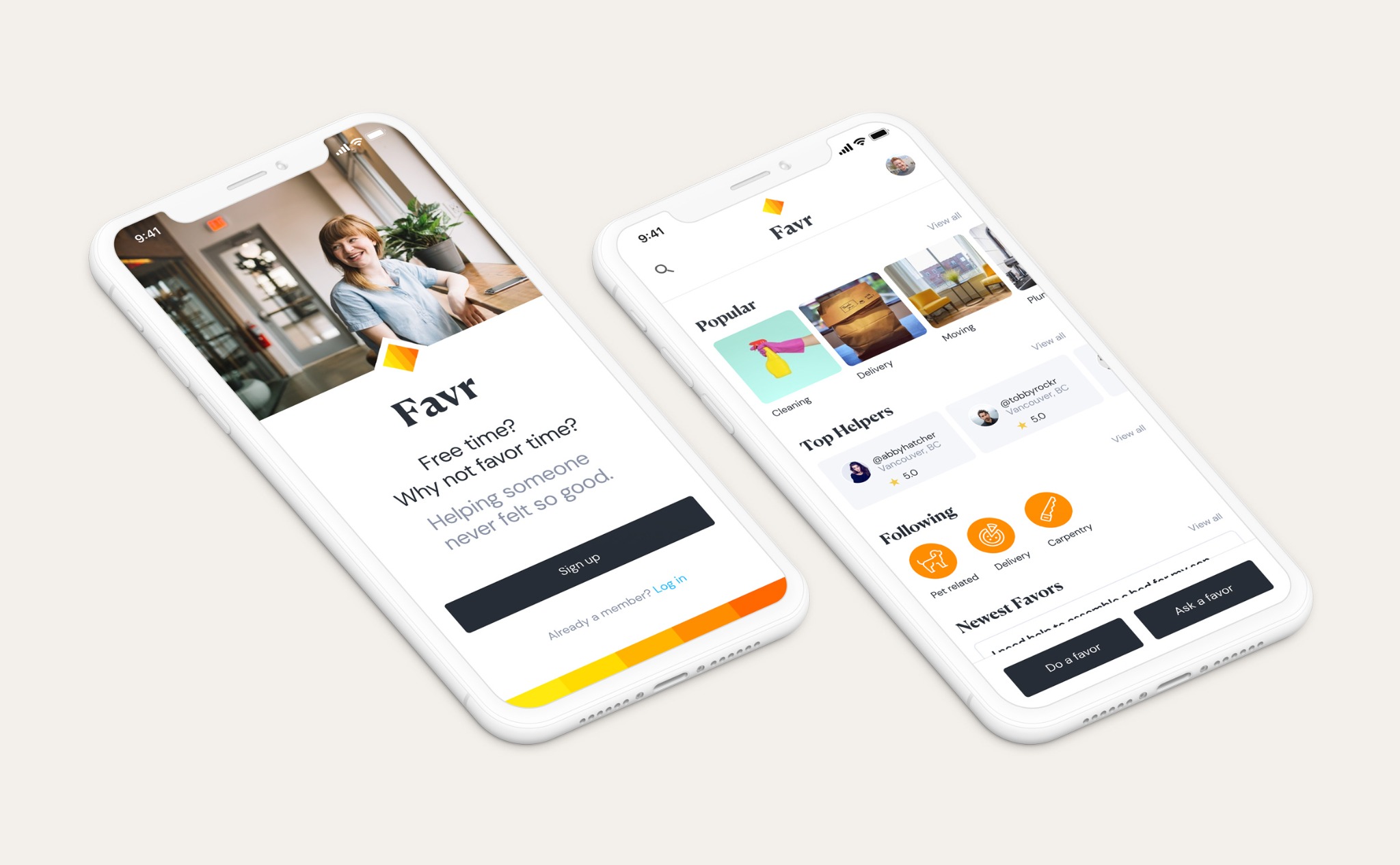Two angled phones showing Favr onboarding and home screens
