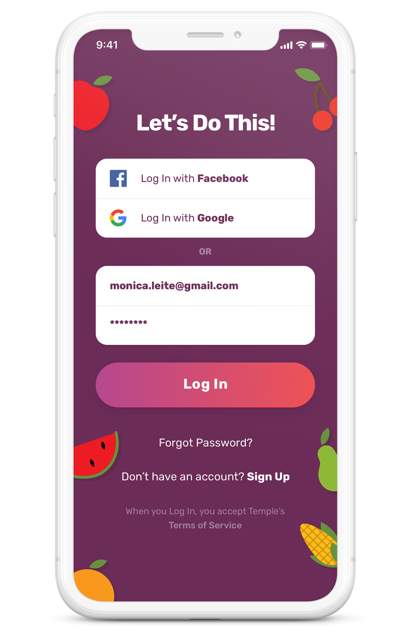 Food Tracker login screen
