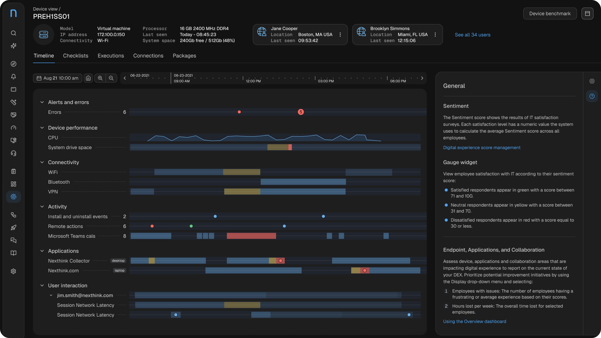 Nexthink dark mode data-rich screen