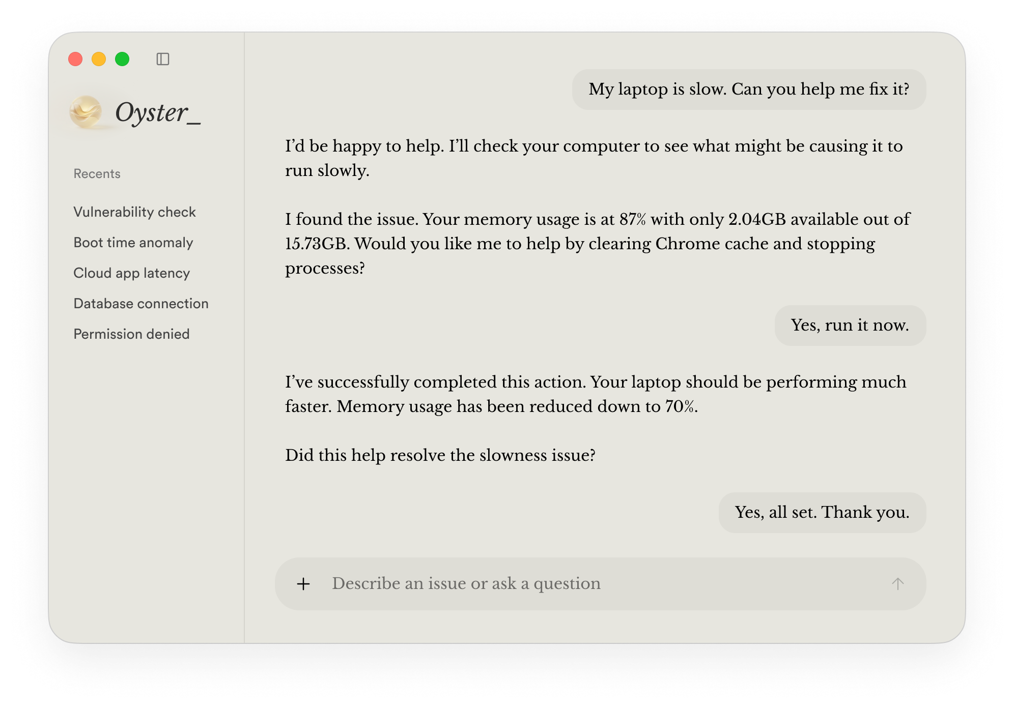 Oyster_ interface showing a conversational support session