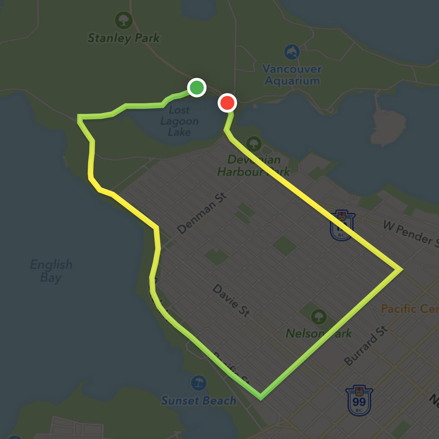 Map showing a running route colored from green to yellow to indicate performance