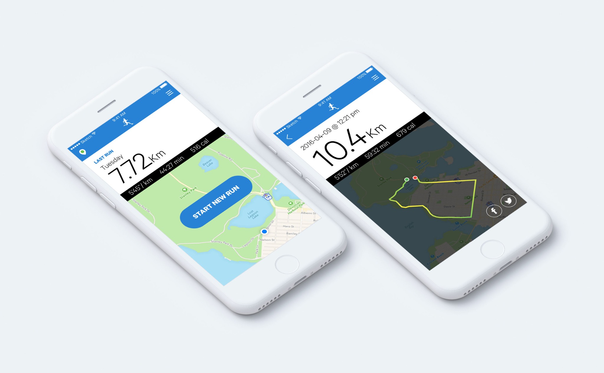 Two angled iPhones showing the Running Hobo start and completed-run screens