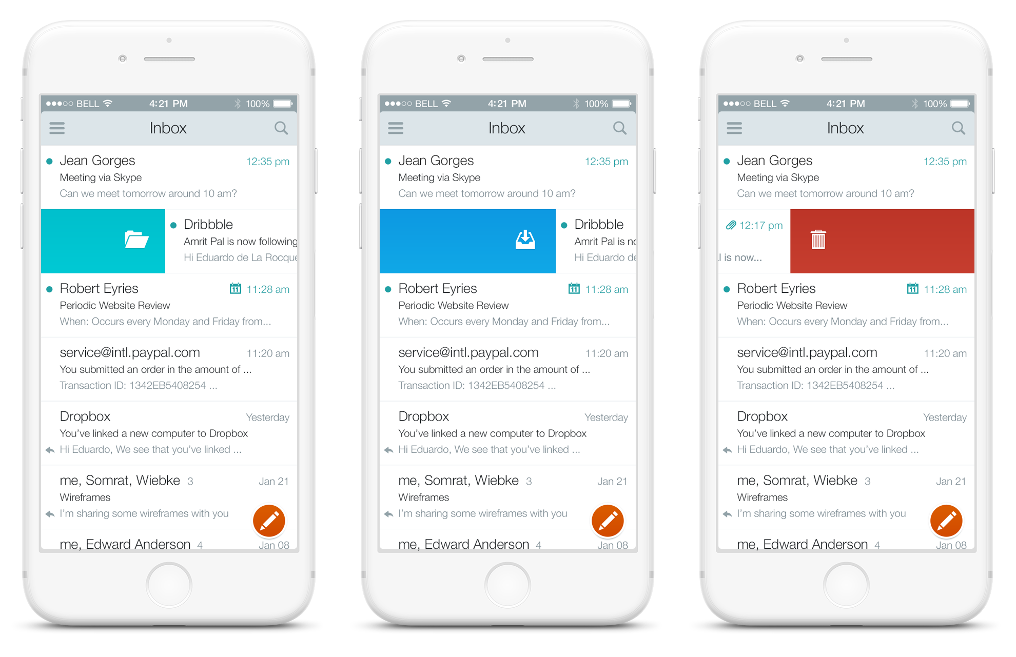 Stitch inbox swipe actions shown across three phones