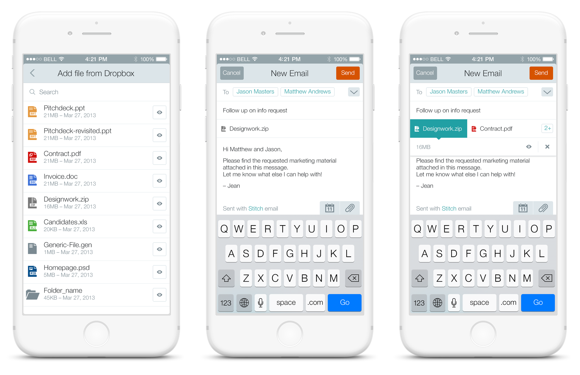 Stitch attachment and compose flows shown across three phones