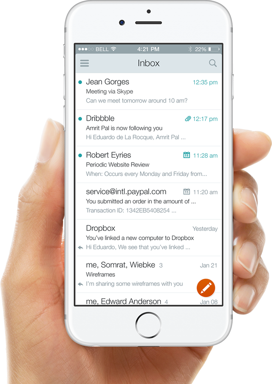 Stitch inbox shown on a phone held in one hand