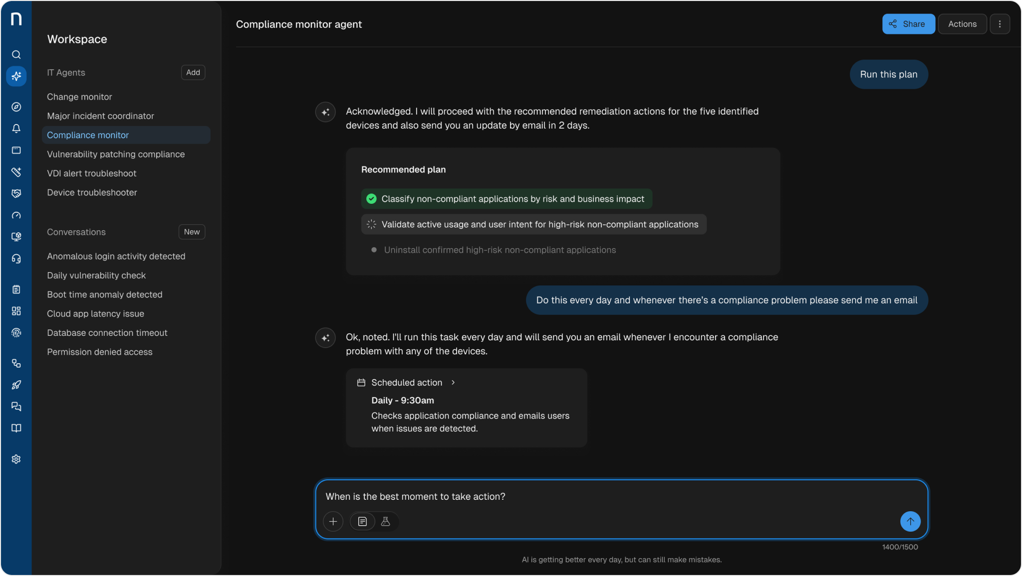 Workspace conversation showing an AI-generated remediation plan and scheduled action