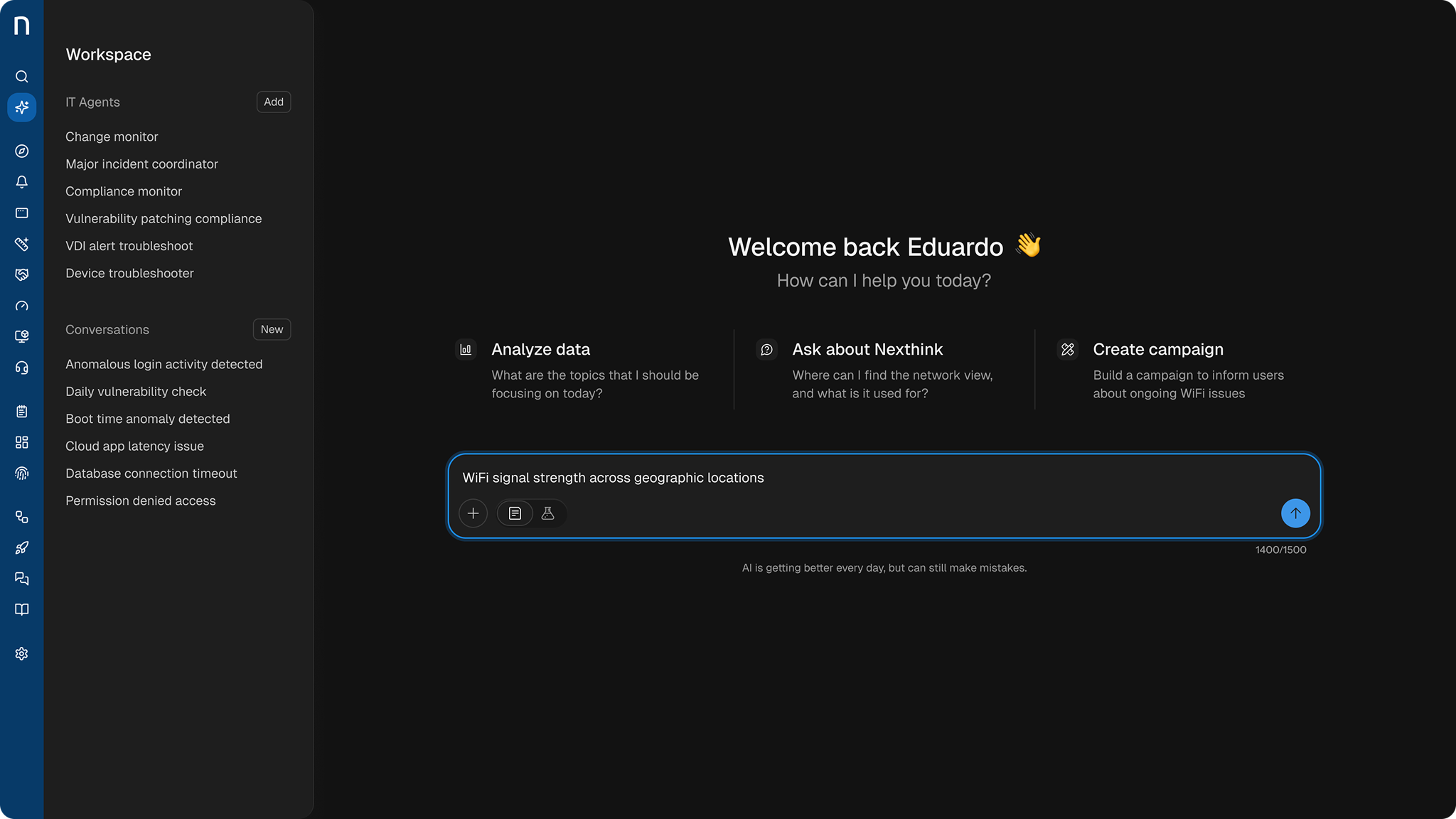 Workspace home screen showing a conversational prompt interface