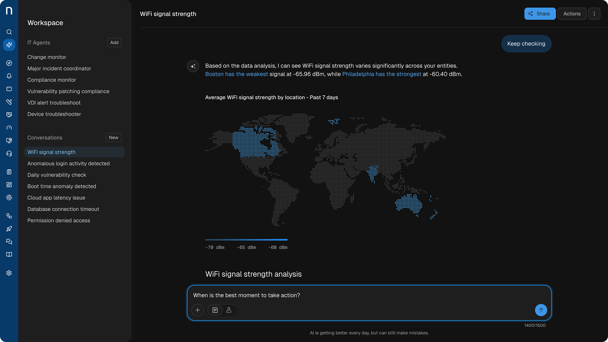 Workspace conversation showing a DEX score, briefing, and supporting table
